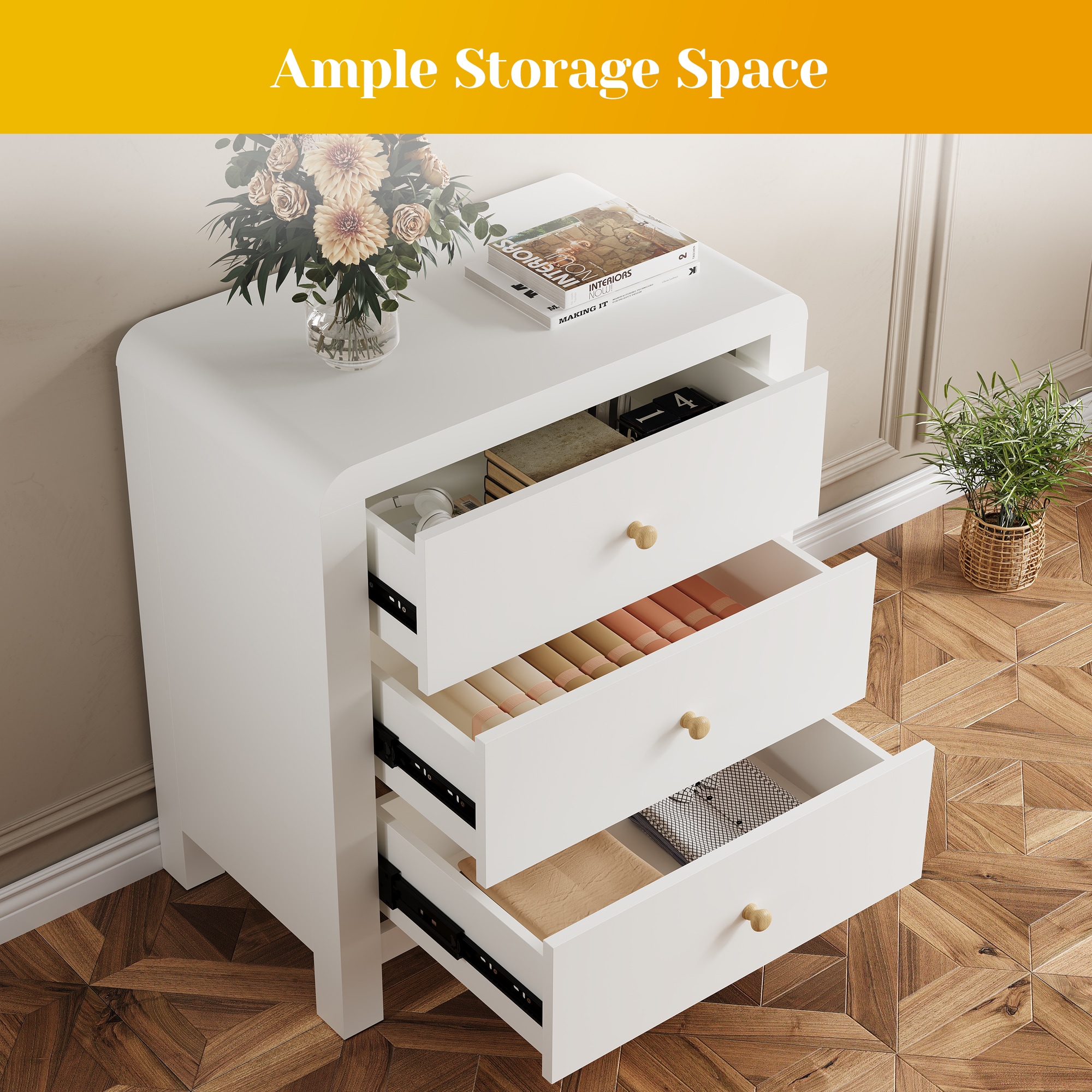 3 Drawer Dresser With Rounded Table Corners, Modern Chest Of Drawers, Large Nightstand Side Table, Wood Storage Dressers Organizer For Bedroom, Living Room, Entryway, White/Natural Wood_maomaolike.com